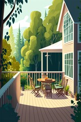 cartoon illustration, house and wooden terrace with views of green trees,generative ai