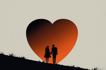 couple holding hands in silhouette, standing on a sloping hill infront of a red valentines heart looking at each other, illustration made with generative ai