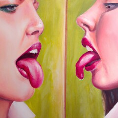 Kissing Girls Illustration. Painting Graphic Wallpaper of two kissing girls Impression. Tongue Kiss. Expression made with Generative AI 