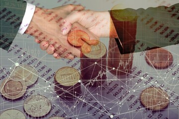 Business people handshake and money background