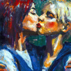 Kissing Girls Illustration. Painting Graphic Wallpaper of two kissing girls Impression. Kiss of women. Expression made with Generative AI 