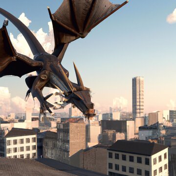 Black dragon above the City.  Illustration of monster and creature in the New York City.  Painting of City, Sky and Animal. Generative AI
