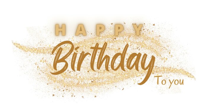 Happy Birthday. Beautiful greeting card scratched calligraphy gold text word. Hand drawn invitation. Handwritten modern brush lettering white background.