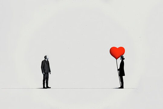 Illustration Of A Man And Woman Standing Far Apart From Each Other Against A Light Background, Woman Holding A Red Balloon Shaped Like A Valentines Heart, Made With Generative Ai