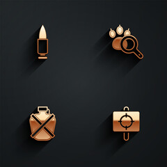 Fototapeta premium Set Bullet, Paw search, Canteen water bottle and Target sport icon with long shadow. Vector
