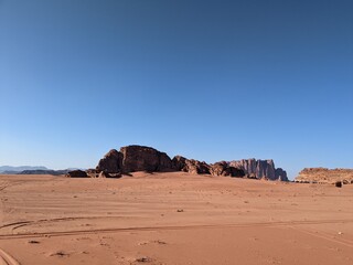 
Wadi Rum Desert, Jordan. The red desert and Jabal Al Qattar mountain.Where some famous movies...