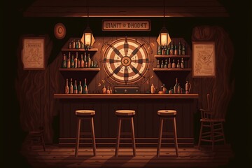 cartoon illustration, old tavern with wooden bar counter, ai generative - obrazy, fototapety, plakaty