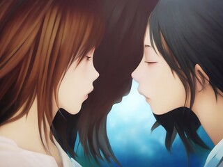 Kissing Girls Illustration. Painting Graphic Wallpaper of two kissing girls Impression. Expression made with Generative AI 