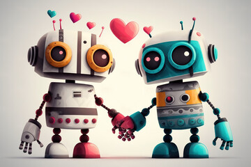 Naklejka premium Robots in Love 3D Render, Robot Couple Vector, Cute Robot Character Print, Artificial Intelligence Love, AI Love, Robot Friends Holding Hands, Colorful Child Art, Technology, Hearts, Poster, Card