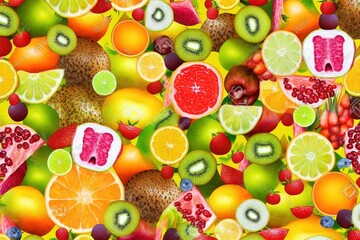 a lot of fruit that are on top of each other in a pile of fruit on a table with one slice of fruit on top of the other.  generative ai