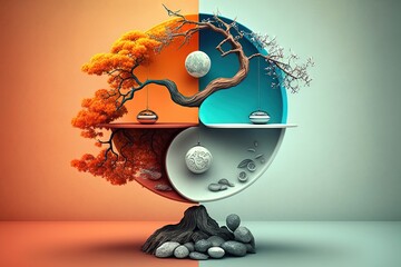  a tree is growing out of a half - circle of rocks and a tree is growing out of a half - circle of rocks and a tree is growing out of rocks.  generative ai