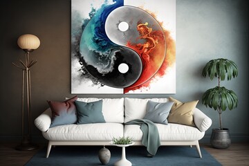  a living room with a couch and a painting on the wall above the couch is a white couch with a black and red yin symbol on it.  generative ai