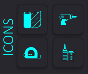 Set City landscape, Wallpaper, Electric drill machine and Roulette construction icon. Black square button. Vector