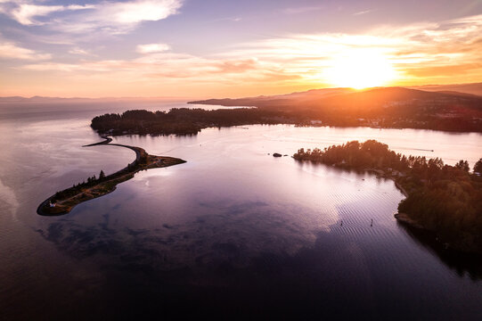 Aerial photo, peninsula, boats in harbour, sunset, Whiffen Spit, Sooke, Vancouver Island