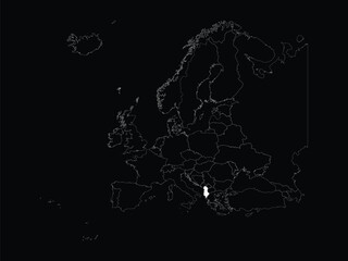 White map of Albania within map of European continent on black background