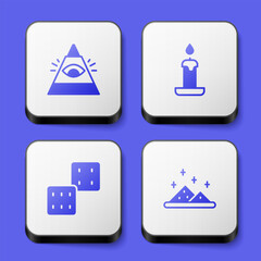Set All-seeing eye of God, Burning candle, Game dice and Magic powder icon. White square button. Vector