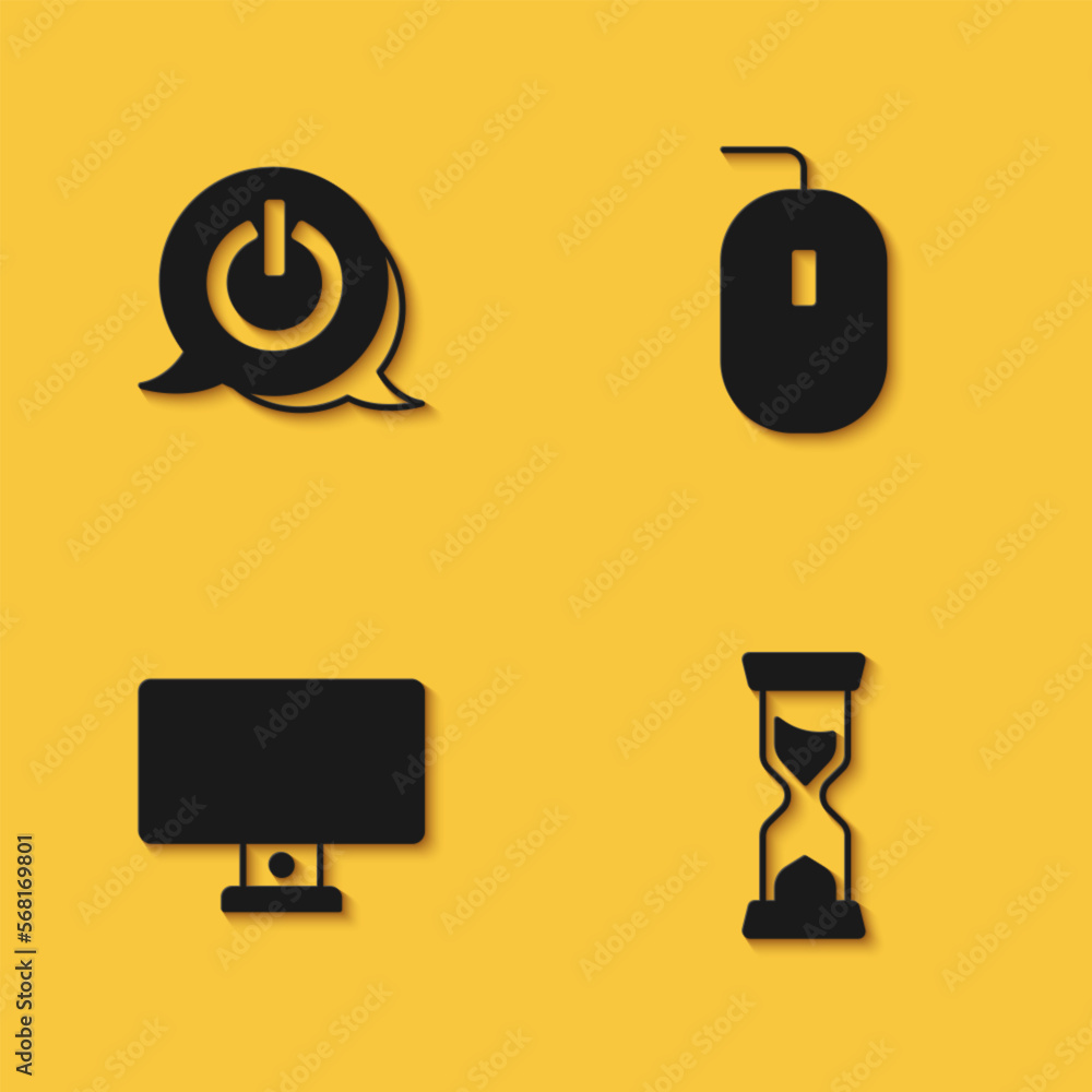 Poster set power button, old hourglass, computer monitor and mouse icon with long shadow. vector