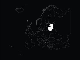 White map of Baltic countries within map of European continent on black background