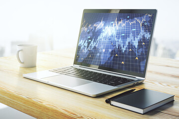 Abstract financial diagram with world map on modern laptop screen, banking and accounting concept. 3D Rendering