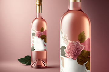 Bottle of rose wine in the backdrop. a brand's packaging design. mock drink that includes an area for your label and writing. Generative AI