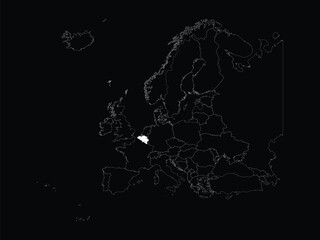 White map of Belgium within map of European continent on black background