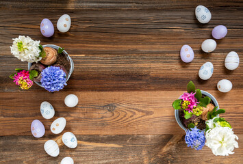 Spring Flowers With Easter Egg Decoration, Copy Space For Free Text