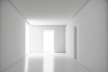 Interior of an empty room with white walls, a white floor, and a white ceiling that is lit by a window in abstract architecture. Generative AI