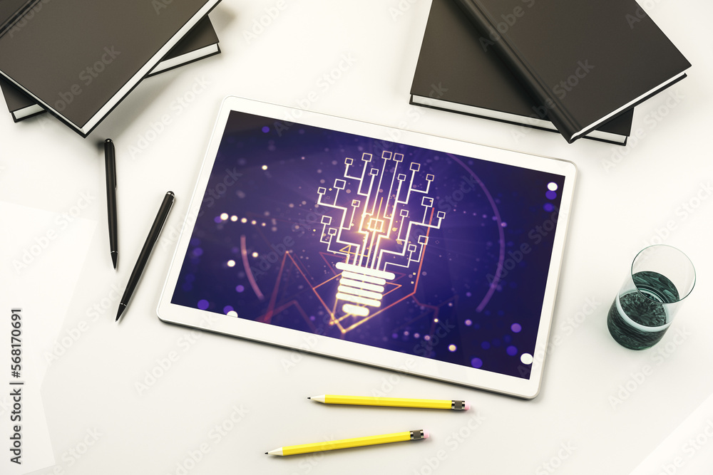 Leinwandbilder creative light bulb with chip hologram on modern digital tablet screen, artificial intelligence and 