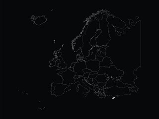 White map of Cyprus within map of European continent on black background