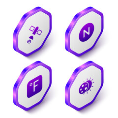 Set Isometric Satellite, Compass north, Fahrenheit and Eclipse of the sun icon. Purple hexagon button. Vector