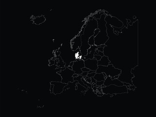 White map of Denmark within map of European continent on black background