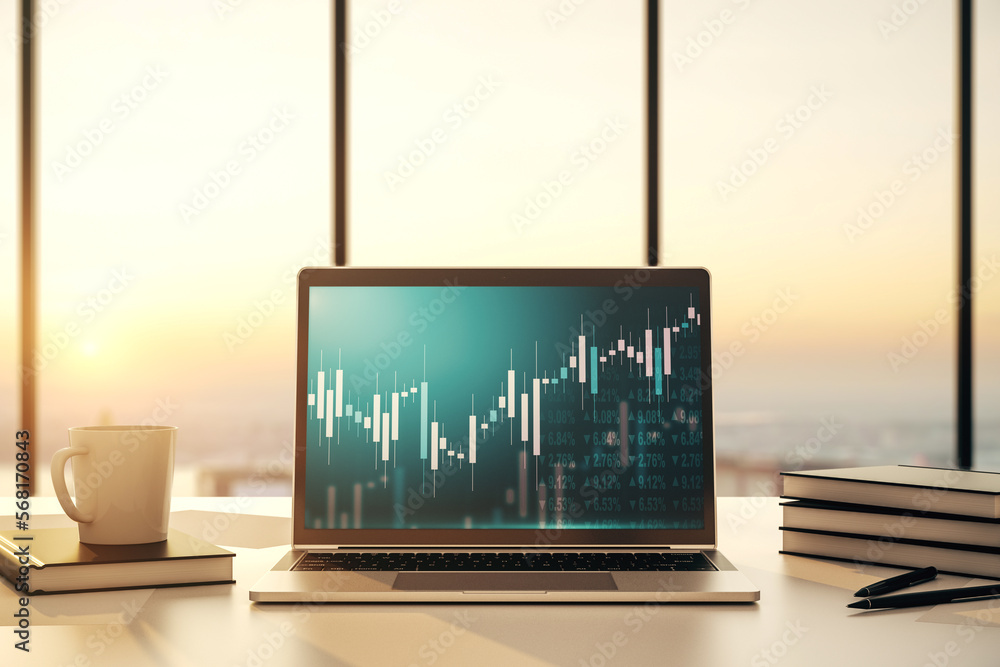 Aufkleber modern computer monitor with abstract creative financial chart, research and strategy concept. 3d re
