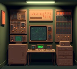 cartoon illustration, underground bunker with locker control panel, ai generative