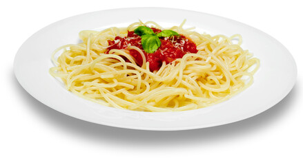 spaghetti with sauce on white plate
