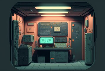 cartoon illustration, underground bunker with locker control panel, ai generative