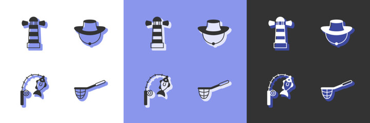 Set Fishing net, Lighthouse, rod and fish and Fisherman hat icon. Vector