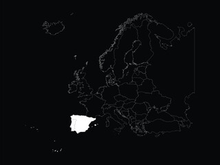 White map of Iberian peninsula countries within map of European continent on black background