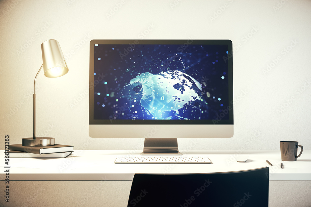 Poster abstract creative coding concept with world map on modern laptop screen. 3d rendering