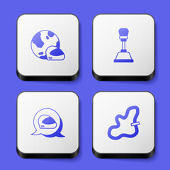 Set Racing helmet, Gear shifter, and track icon. White square button. Vector