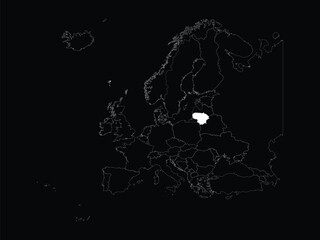 White map of Lithuania within map of European continent on black background