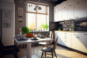a comfortable and tastefully built modern kitchen with equipment and a dining table. Generative AI