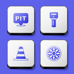 Set Pit stop, Car key with remote, Traffic cone and Alloy wheel for car icon. White square button. Vector