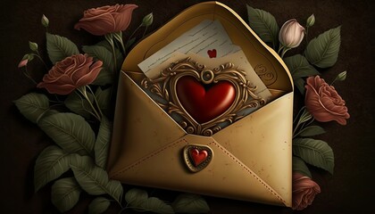 Valentine's day inspired,  opened envelop with a fancy big red heart and letter inside, flowers around it, dark background