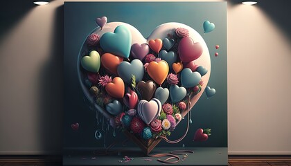 Valentine's day inspired,  canvas with lots of different colour hearts and flowers in front of a wall with lights