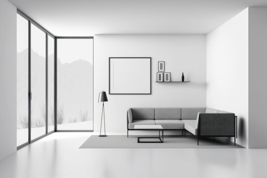 Corner view of a light filled living room that features a white wall, an empty white poster, a sofa, a bookcase, a panoramic window, and a concrete floor. minimalistic style. Site of the meeting. a mo