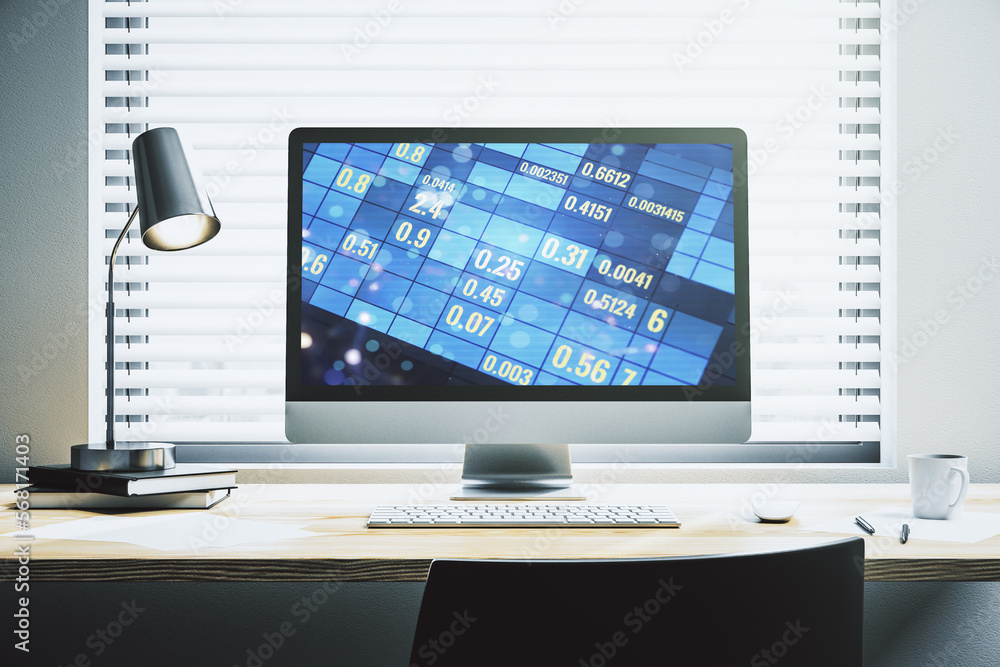 Poster modern computer display with abstract graphic data spreadsheet sketch, analytics and analysis concep