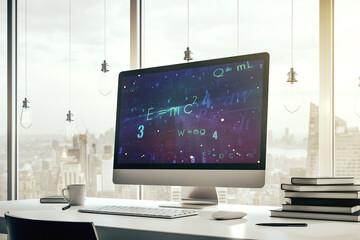 Creative scientific formula hologram on modern laptop monitor, research concept. 3D Rendering