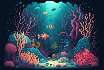 Obraz na płótnie Canvas cartoon illustration, underwater scene of the seabed with corals and algae, ai generative