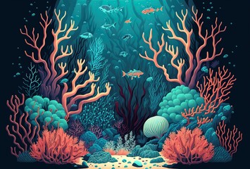 Fototapeta na wymiar cartoon illustration, underwater scene of the seabed with corals and algae, ai generative