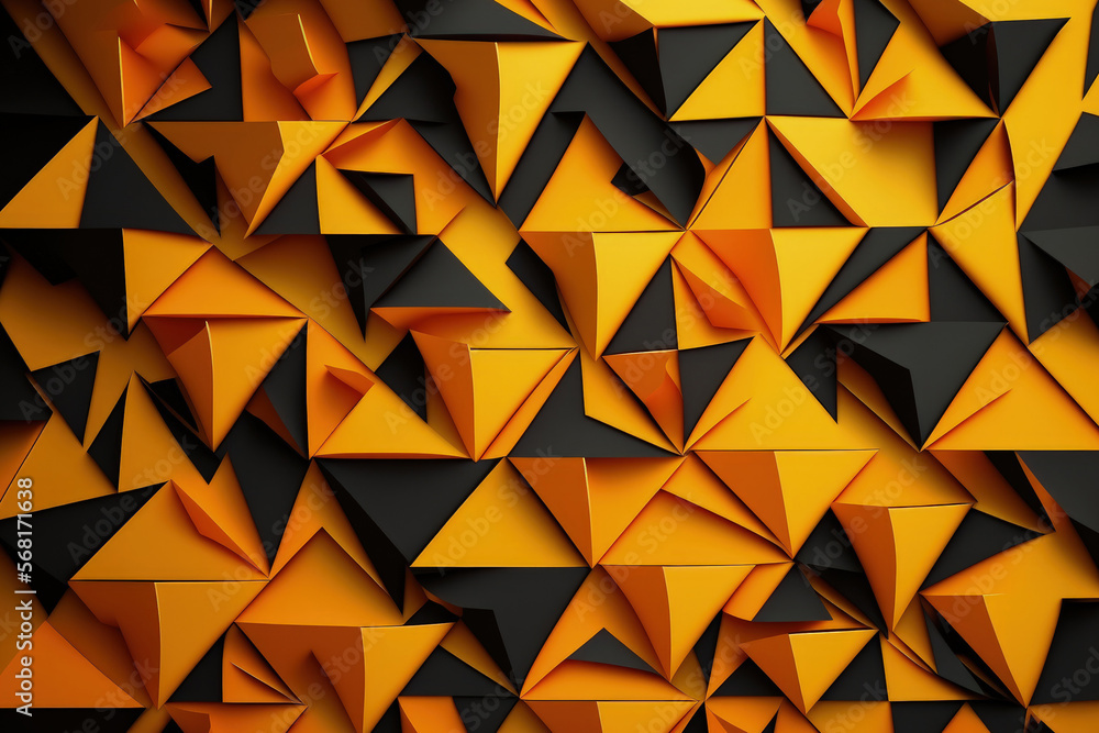 Poster zigzag of chaotic yellow rhombuses and orange triangles. volumetric geometry is used in the backdrop